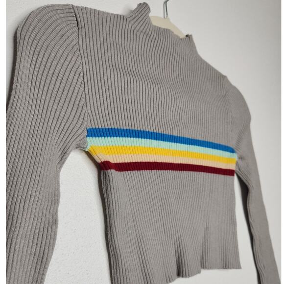 y2k Ribbed Cropped Rainbow Mock Neck Long Sleeve Shirt Ethos Medium - Picture 3 of 5